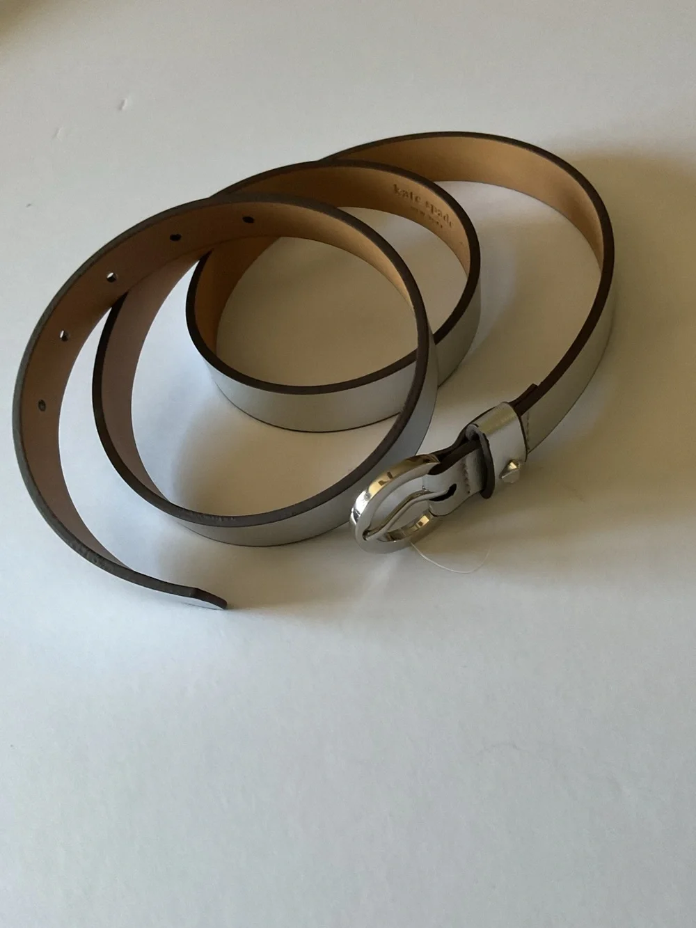 KATE SPADE WOMENS LEATHER BELT SILVER METALLIC SILVER ROUND BUCKLE SIZE XL NWOT